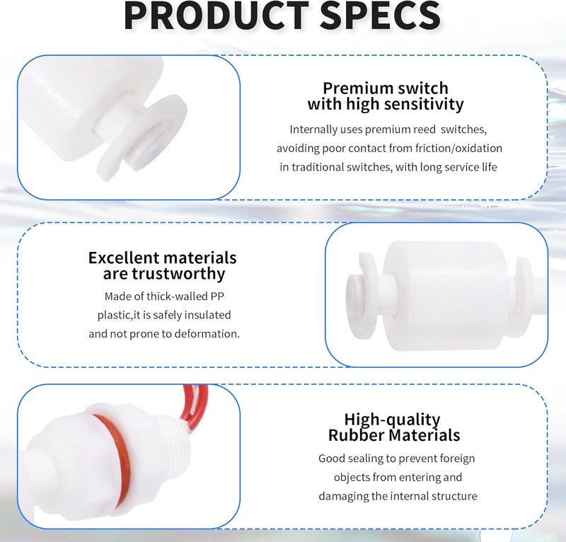 FOCMKEAS Polypropylene Float Switch Water Level Sensor Double Ball Water Level Controller Sensor Switch M10 for Smart Toilet Solar Tank Pool Pump Liquid Control Length 118mm White - Image 5